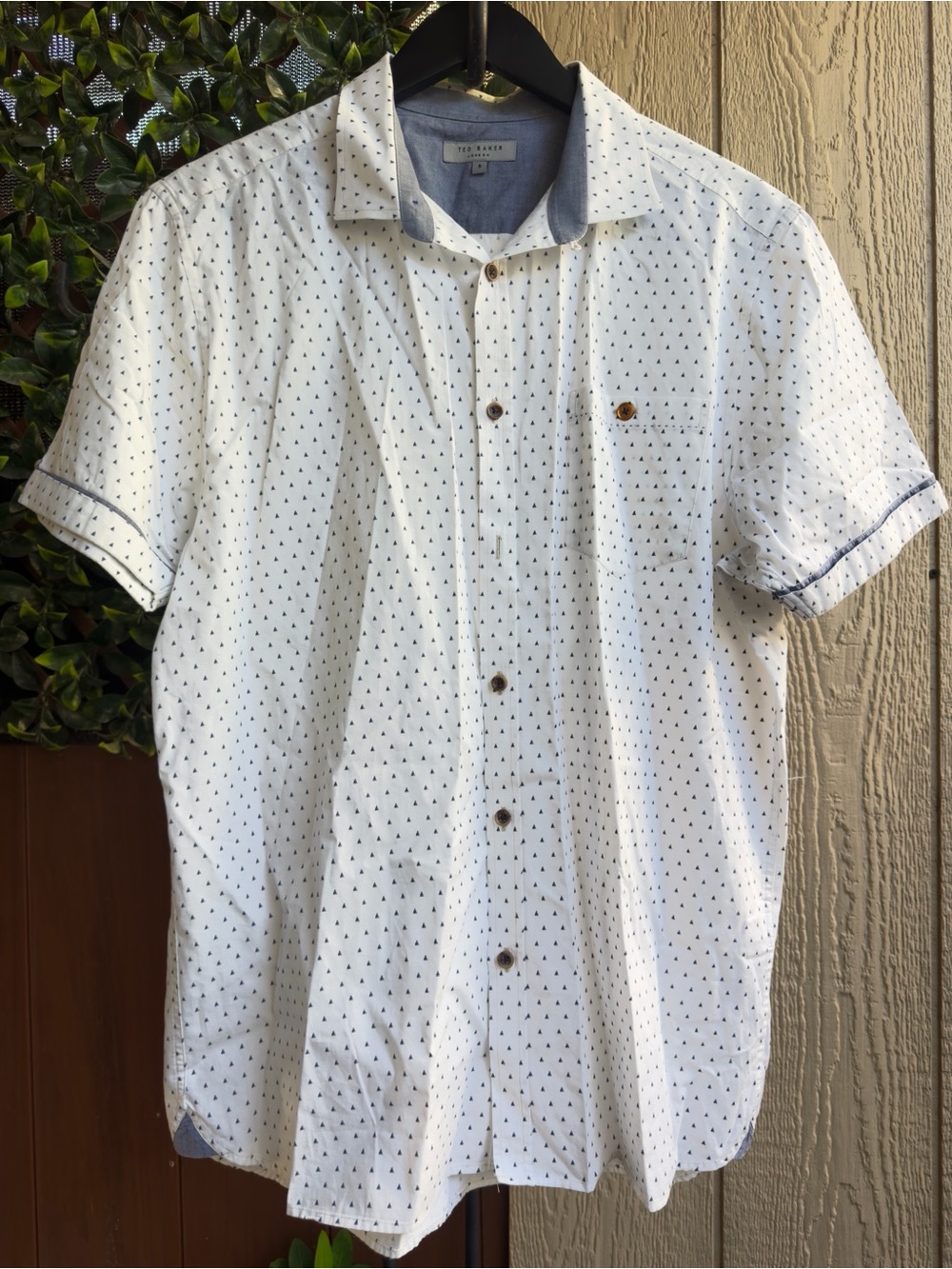 Ted Baker White Short-Sleeve Button-Down Shirt with Navy Micro Print